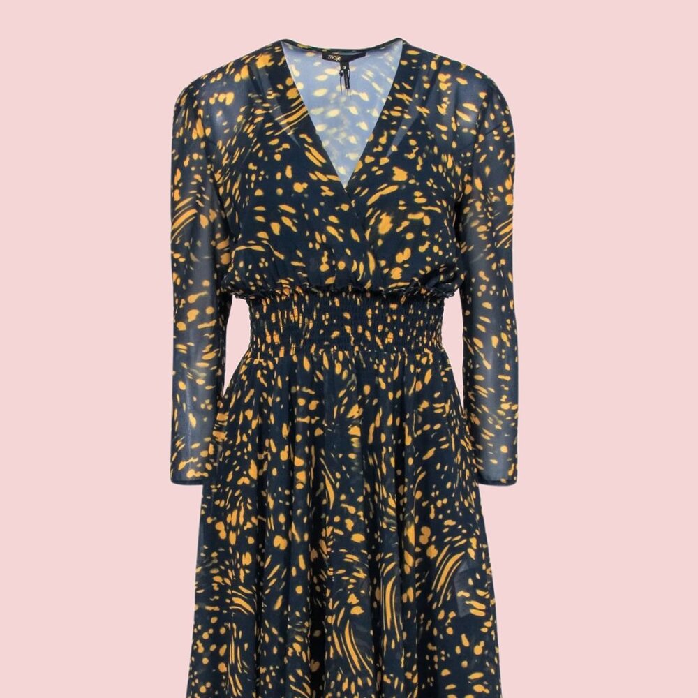 Women's Dress "Maje" Navy and Mustard Patterned Dress Size 2